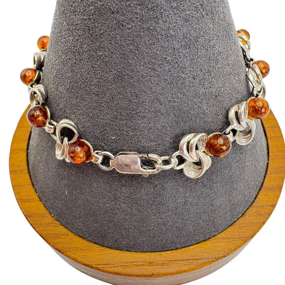 VTG Sterling Silver 925 Amber Interlocking Station Bracelet Size 7.5" Length - Picture 2 of 12
